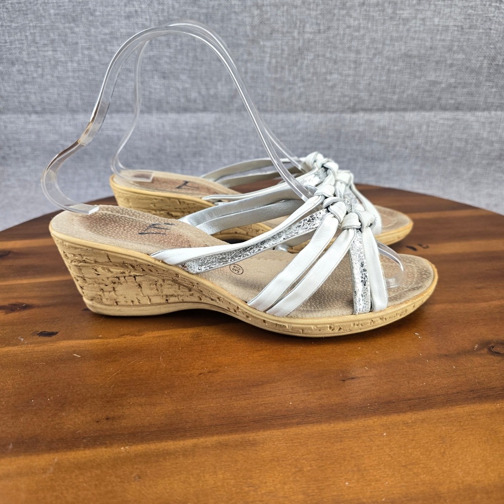 Wedge Sandals Women's Sz‎ 38 EU White Silver Leather Made in Italy Slides Sz 7.5